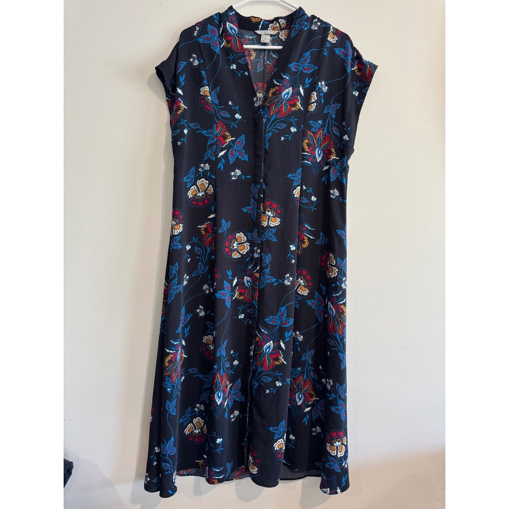 H&M Floral Midi Dress Women Size 10 Black Cap Sleeve Button Front V-Neck